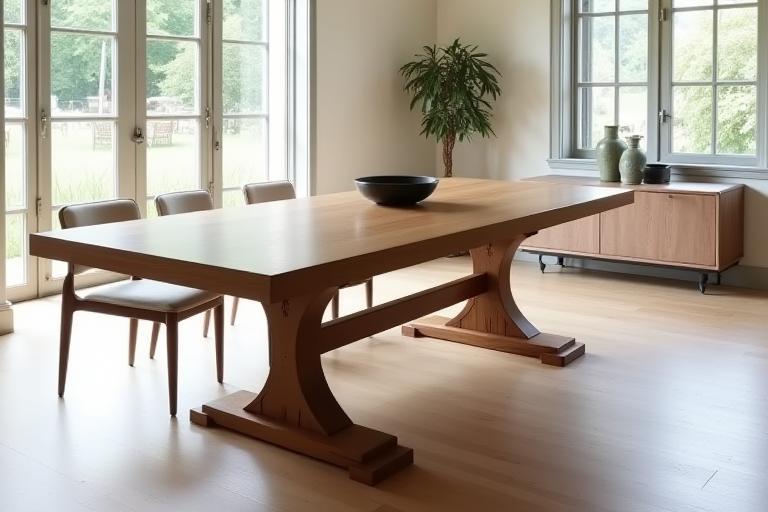 Custom solid wood dining table with intricate leg joinery.